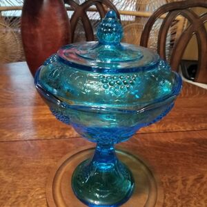 Blue Indiana Glass Grape Leaf Compote